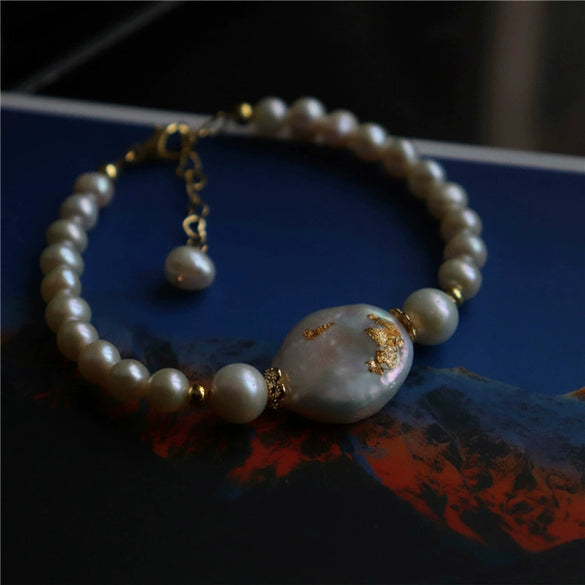 Women's Natural Freshwater Pearl Bracelet With Gold Foil Colorful Baroque Pearl Design