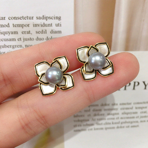 Women's Natural Freshwater Pearl Camellia Baking Paint Earrings