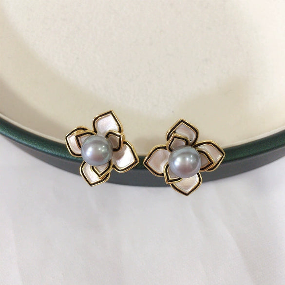 Women's Natural Freshwater Pearl Camellia Baking Paint Earrings
