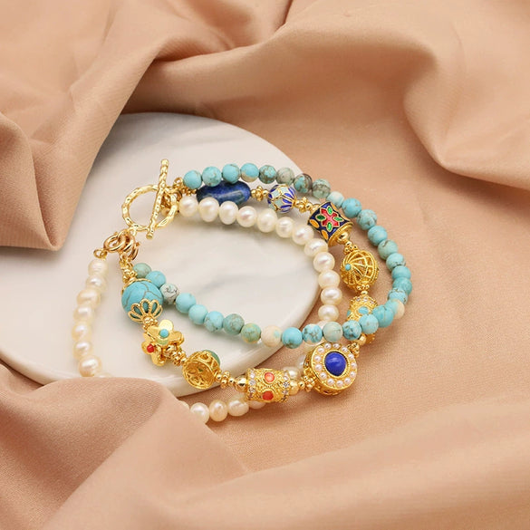 Women's Natural Freshwater Pearl Cloisonne Turquoise Three Layer Bracelet 18K Real Gold Electroplated