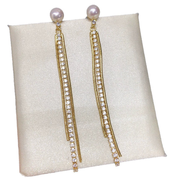 Women's Natural Freshwater Pearl Earrings Alloy Inlaid With Artificial Gemstones And Semiprecious Stones Oblate Shape Chain Tassel Colorpreserving