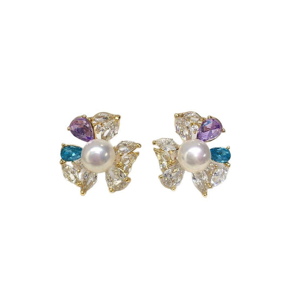 Women's Natural Freshwater Pearl Earrings Alloy Inlaid With Artificial Gemstones Semiprecious Stones Oblate Shape
