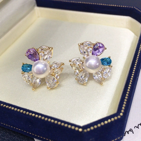Women's Natural Freshwater Pearl Earrings Alloy Inlaid With Artificial Gemstones Semiprecious Stones Oblate Shape