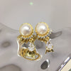 Women's Natural Freshwater Pearl Earrings Alloy Inlaid With Gemstones Fashion Ol Style Flat Round Shape