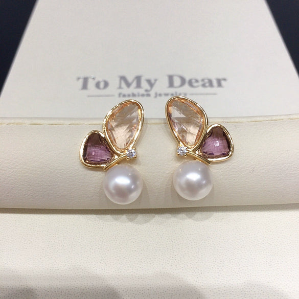 Women's Natural Freshwater Pearl Earrings Alloy Inlaid With Gemstones Flat Round And Oblate Shape