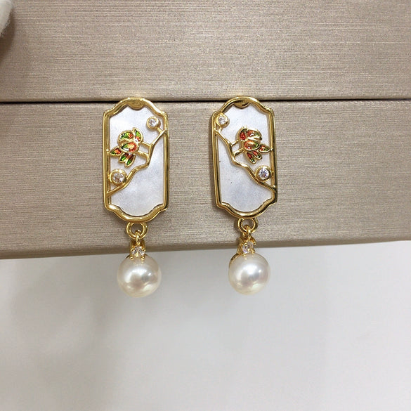 Women's Natural Freshwater Pearl Earrings Geometric Painted S925 Sterling Silver Oblate