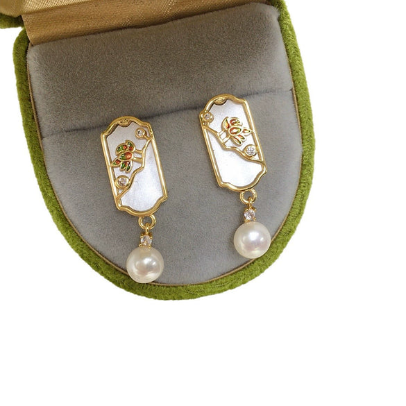 Women's Natural Freshwater Pearl Earrings Geometric Painted S925 Sterling Silver Oblate
