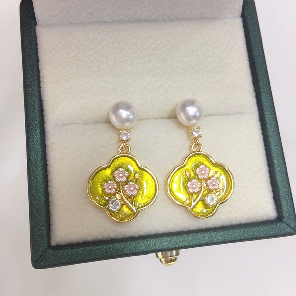 Women's Natural Freshwater Pearl Earrings In Oil Painting Style Four Leaf Clover Shape With S925 Sterling Silver