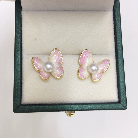 Women's Natural Freshwater Pearl Earrings In S925 Sterling Silver With Gradient Blue Butterfly Design And Oblate Shape