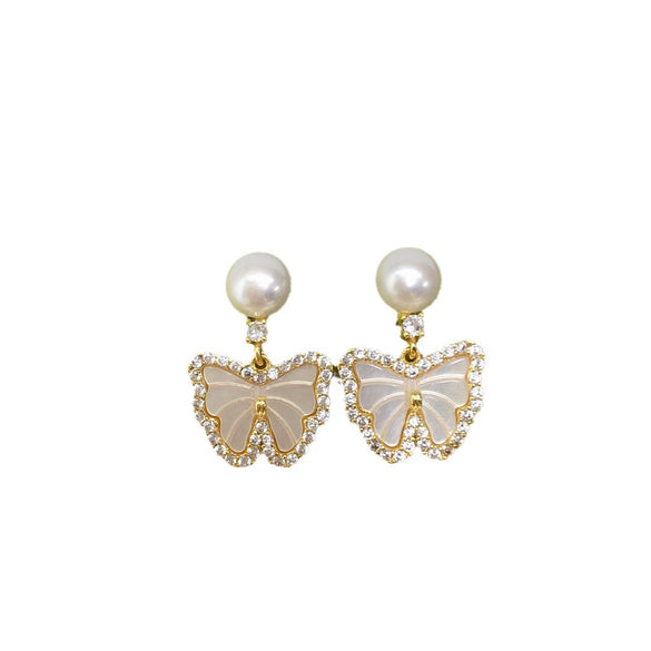 Women's Natural Freshwater Pearl Earrings In S925 Sterling Silver With Seashells Micro Zircon Butterfly Design And Oblate Shape