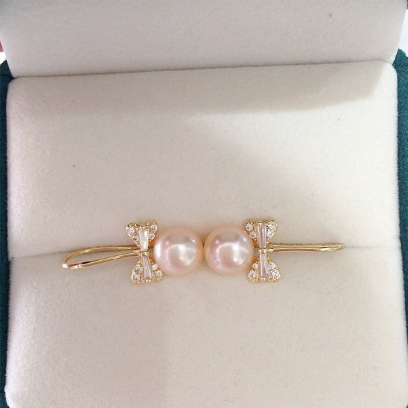 Women's Natural Freshwater Pearl Earrings Light Luxury Style Zircon Bow Ear Hook Oblate Round Shape