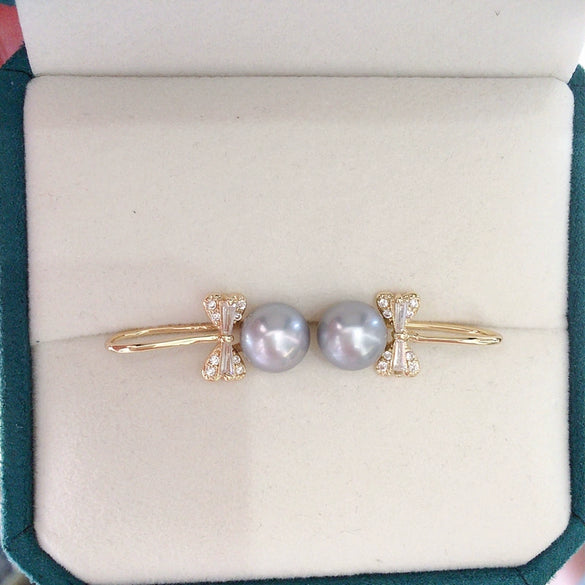 Women's Natural Freshwater Pearl Earrings Light Luxury Style Zircon Bow Ear Hook Oblate Round Shape