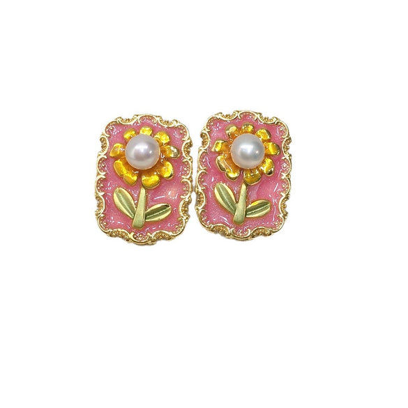 Women's Natural Freshwater Pearl Earrings Retro Oil Painting Style Sunflower Goldfilled Colorpreserving Sterling Silver Oblate Alloy Inlaid With Gemstones