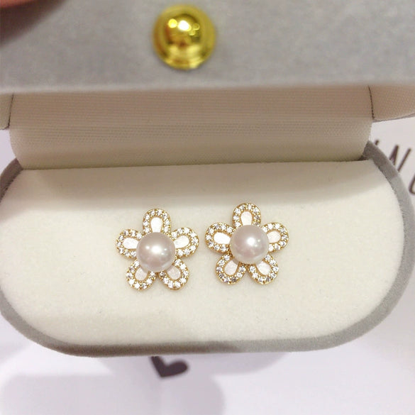 Women's Natural Freshwater Pearl Earrings S925 Sterling Silver Pin Alloy Inlaid Artificial And Semiprecious Stones Flat Round And Oblate Shape