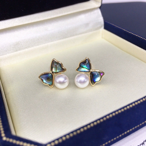 Women's Natural Freshwater Pearl Earrings With Abalone Shells And Cute Bows Oblate Shape Alloy Inlaid With Gemstones