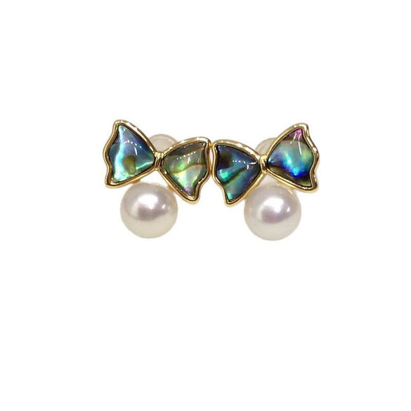 Women's Natural Freshwater Pearl Earrings With Abalone Shells And Cute Bows Oblate Shape Alloy Inlaid With Gemstones