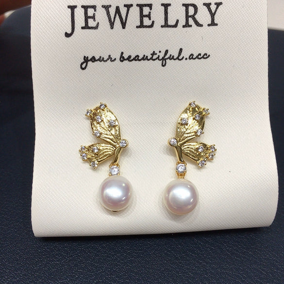 Women's Natural Freshwater Pearl Earrings With Alloy Inlaid Artificial And Semiprecious Stones And Butterfly Design Oblate Shape