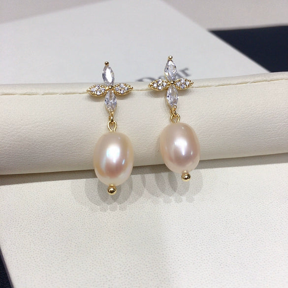 Women's Natural Freshwater Pearl Earrings With Alloy Inlaid Artificial And Semiprecious Stones In Drop And Rice Shapes