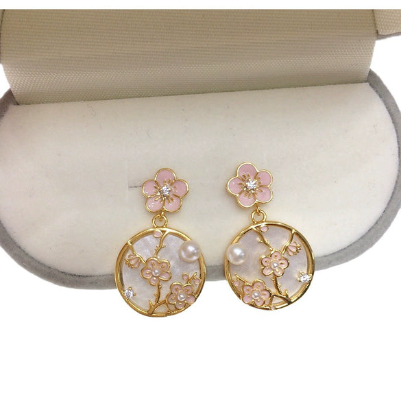 Women's Natural Freshwater Pearl Earrings With Baked Paint Peach Blossom Pattern S925 Sterling Silver Needle And Round Oblate Shape