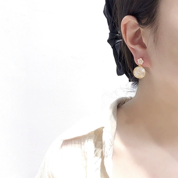 Women's Natural Freshwater Pearl Earrings With Baked Paint Peach Blossom Pattern S925 Sterling Silver Needle And Round Oblate Shape