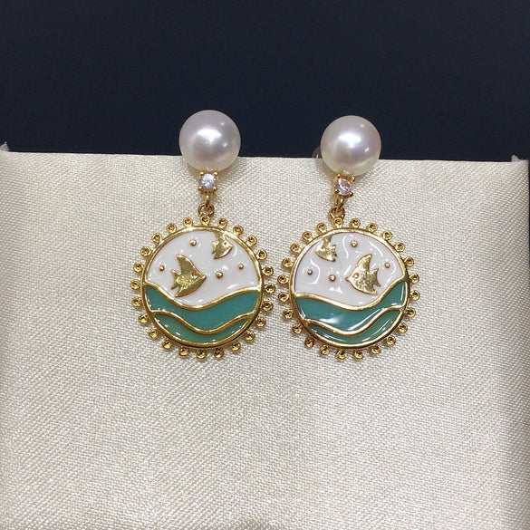 Women's Natural Freshwater Pearl Earrings With Cartoon Ocean Fish Enamel And Alloy Inlaid With Artificial Gemstones And Semiprecious Stones Oblate Shape