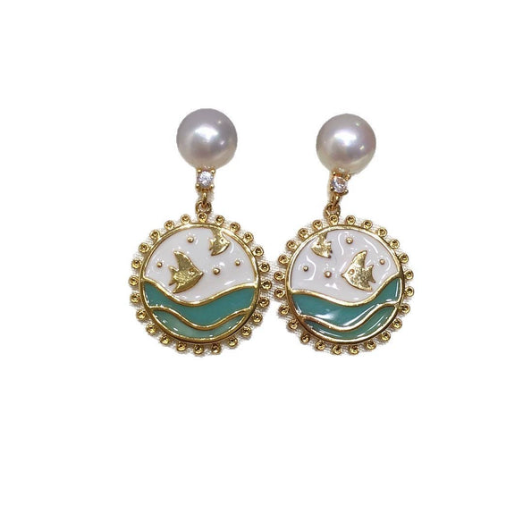 Women's Natural Freshwater Pearl Earrings With Cartoon Ocean Fish Enamel And Alloy Inlaid With Artificial Gemstones And Semiprecious Stones Oblate Shape