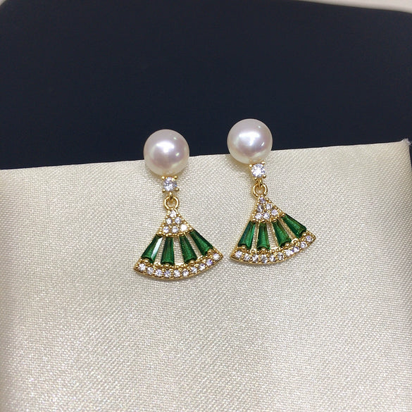 Women's Natural Freshwater Pearl Earrings With Fanshaped Green Zircon And Alloy Inlaid With Artificial And Semiprecious Gemstones Exquisite Retro Style