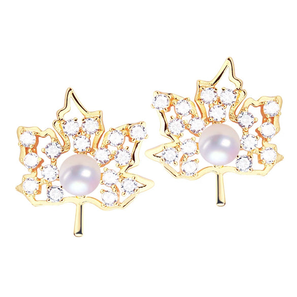 Women's Natural Freshwater Pearl Earrings With French Highgrade Zircon And Maple Leaf Design 18K Gold Colorpreserving