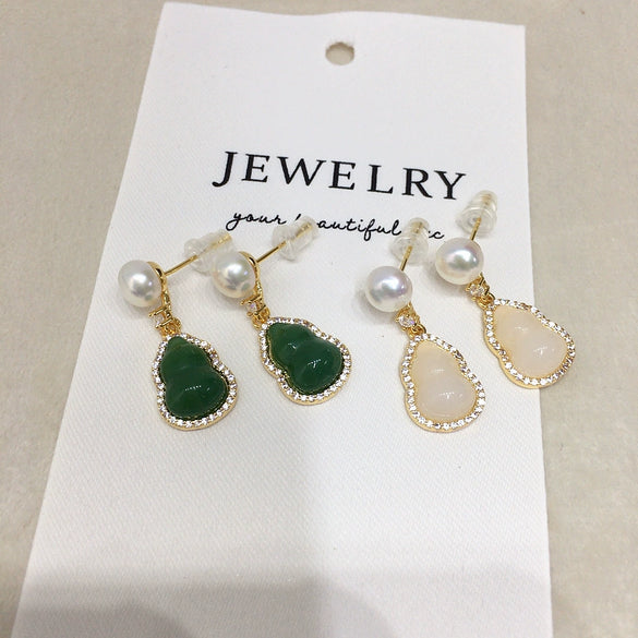 Women's Natural Freshwater Pearl Earrings With Micropaved Zircon And Chalcedony Gourd Design