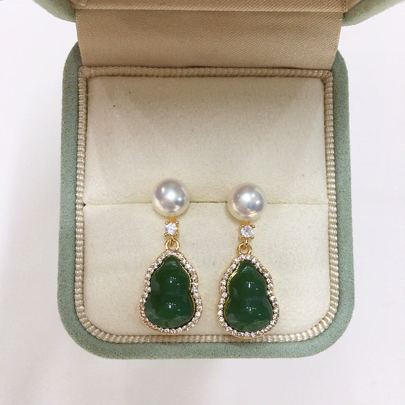 Women's Natural Freshwater Pearl Earrings With Micropaved Zircon And Chalcedony Gourd Design
