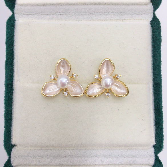 Women's Natural Freshwater Pearl Earrings With Painted Threepetal Flower Design 18K Goldfilled Colorpreserving