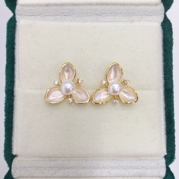 Women's Natural Freshwater Pearl Earrings With Painted Threepetal Flower Design 18K Goldfilled Colorpreserving
