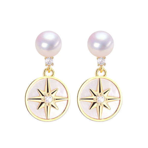 Women's Natural Freshwater Pearl Earrings With S925 Sterling Silver Needle Seashell Sixpointed Star Design Oblate Shape