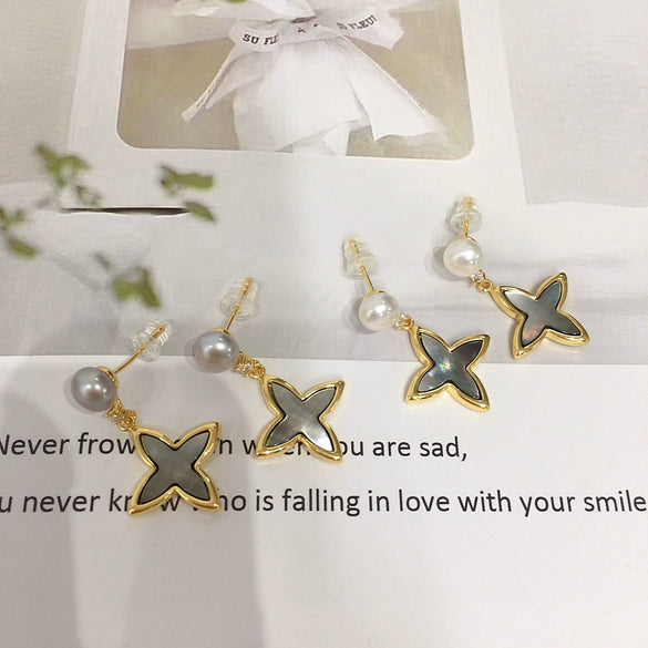 Women's Natural Freshwater Pearl Earrings With Sea Shell And Cross Stars S925 Sterling Silver Oblate And Round Shape