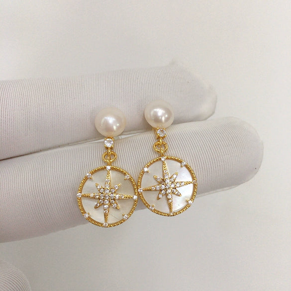 Women's Natural Freshwater Pearl Earrings With Sixpointed Star Micropaved Zircon And Oblate Pearl Shape