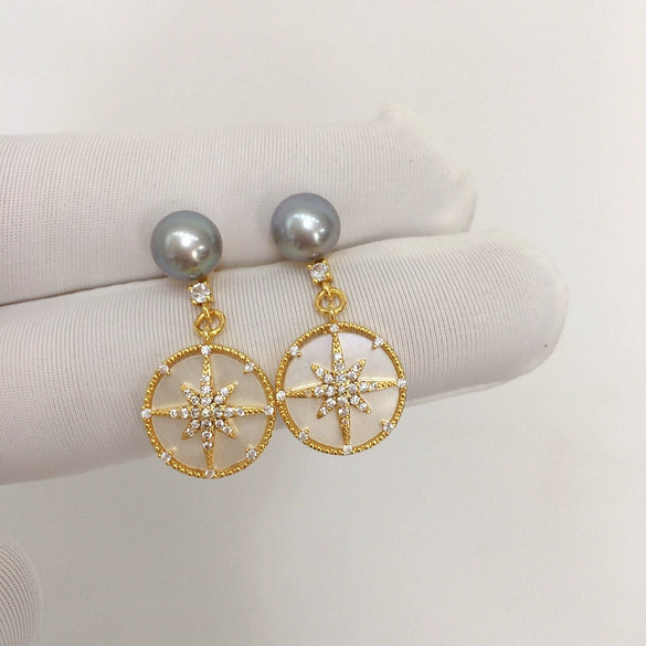 Women's Natural Freshwater Pearl Earrings With Sixpointed Star Micropaved Zircon And Oblate Pearl Shape