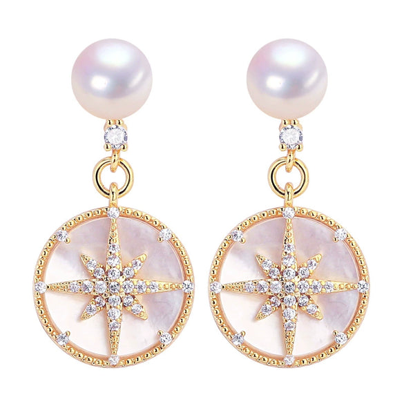 Women's Natural Freshwater Pearl Earrings With Sixpointed Star Micropaved Zircon And Oblate Pearl Shape