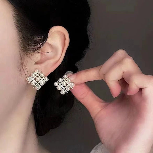 Women's Natural Freshwater Pearl Earrings With Square Micro Zircon Beads And S925 Sterling Silver Fashion Style