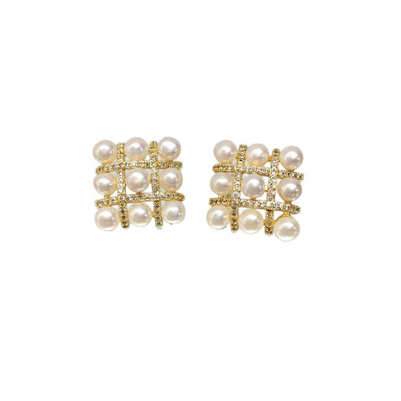 Women's Natural Freshwater Pearl Earrings With Square Micro Zircon Beads And S925 Sterling Silver Fashion Style