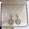 Women's Natural Freshwater Pearl Earrings With Sugar Cube Light Blue Zircon In 18K Goldfilled S925 Sterling Silver Oblate Shape