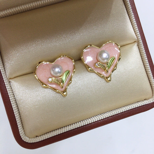 Women's Natural Freshwater Pearl Enamel Pink Love Heartshaped Earrings