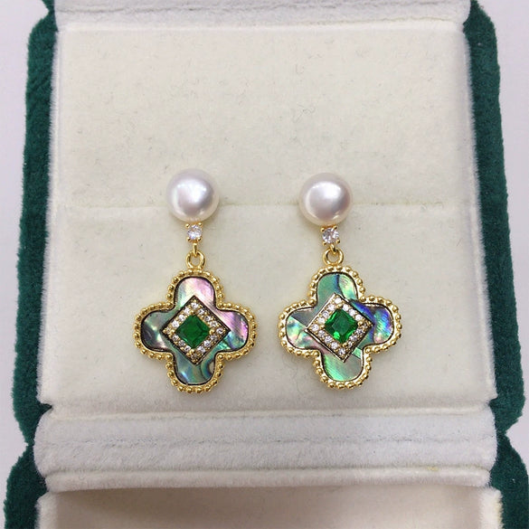 Women's Natural Freshwater Pearl Fourleaf Clover Oblate Earrings With 18K Real Gold Plating