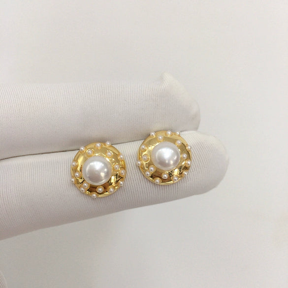 Women's Natural Freshwater Pearl Oblate Round Earrings 18K Goldfilled