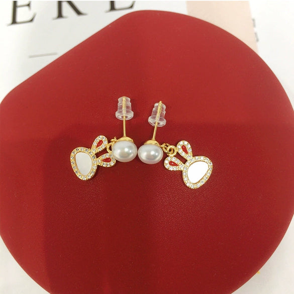 Women's Natural Freshwater Pearl Rabbit Earrings With S925 Sterling Silver And 18K Goldfilled And Motherofpearl