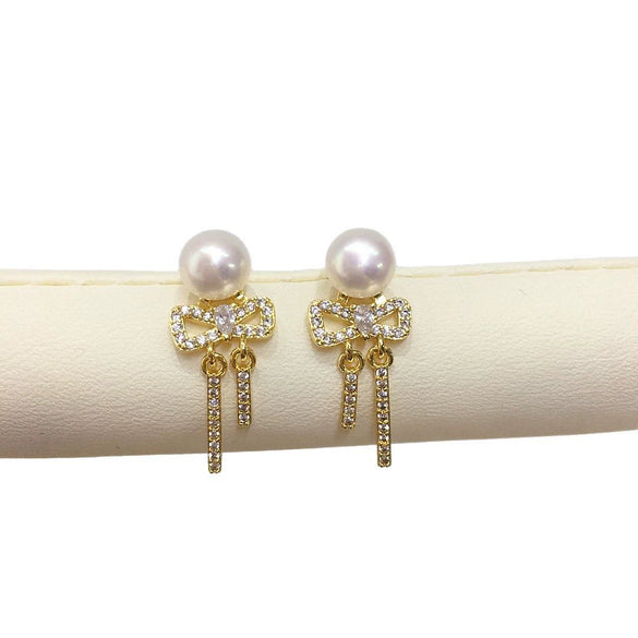 Women's Natural Freshwater Pearl S925 Sterling Silver Earrings With Microinlaid Zircon Bow Tassel And Oblate Shape