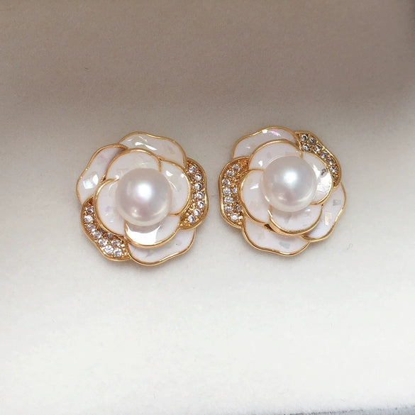 Women's Natural Freshwater Pearl S925 Sterling Silver Elegant Glaze Camellia Earrings