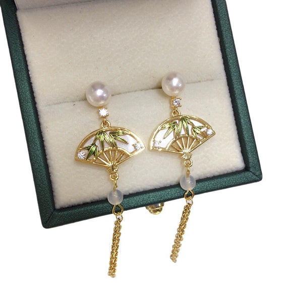 Women's Natural Freshwater Pearl S925 Sterling Silver Fanshaped Bamboo Leaf Tassel Earrings