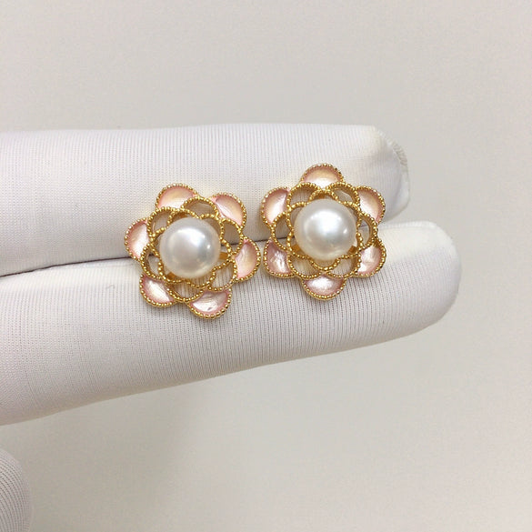 Women's Natural Freshwater Pearl S925 Sterling Silver Hollow Pink Flower Earrings