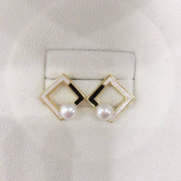 Women's Natural Freshwater Pearl S925 Sterling Silver 18K Goldfilled Square Geometric Earrings