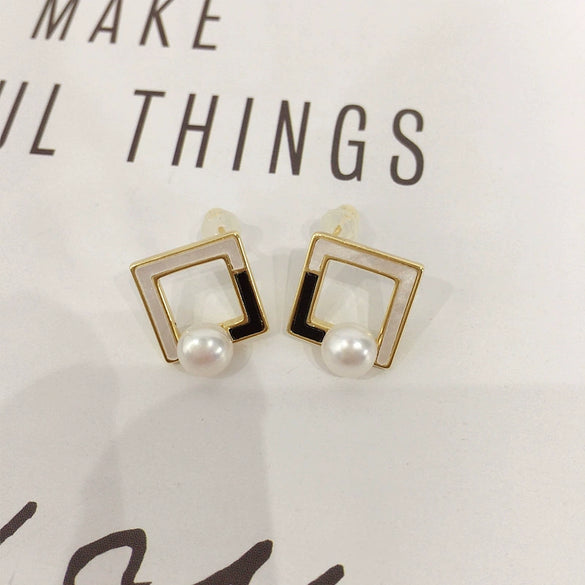 Women's Natural Freshwater Pearl S925 Sterling Silver 18K Goldfilled Square Geometric Earrings